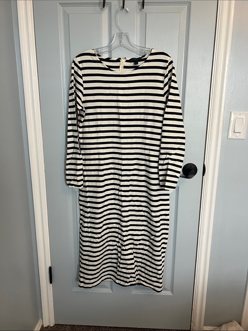 J. Crew Black and White Striped Long Sleeve Midi Dress